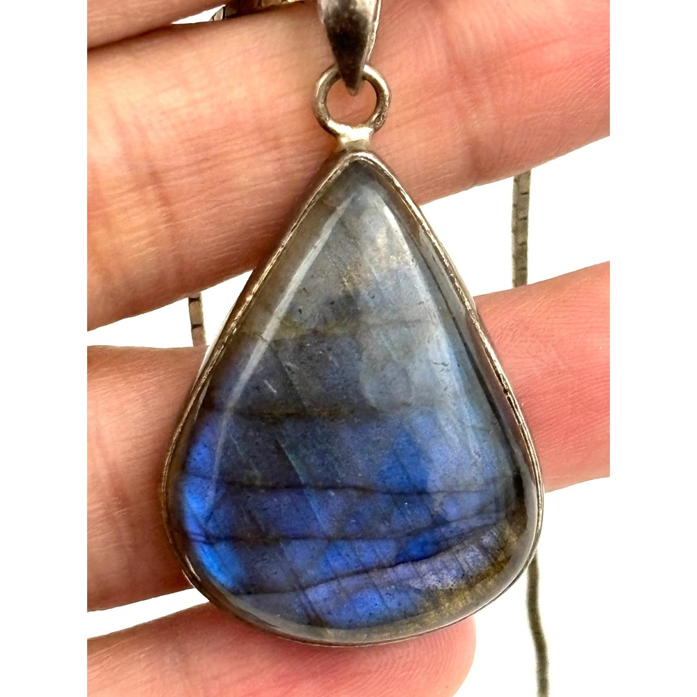 925 Sterling Silver Labradorite Teardrop Pendant Necklace 16g